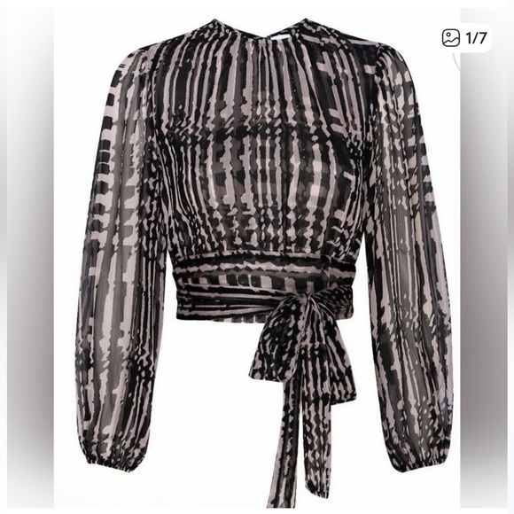 Misa Los Angeles Tops - Women's Misa  Black and Blush Patterned Long-sleeve Blouse open tie back